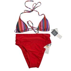 Salt + Cove Ziggy Pop Triangle Bikini Top & High-Waist Swim Bottoms Vermillion S